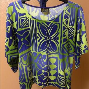 Hawaiian Vibrant Blue & Lime Floral-Print Women's Blouse Top Size M